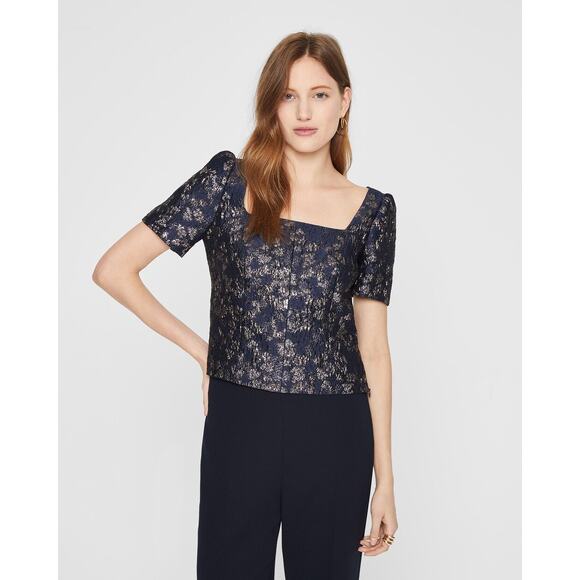 Club Monaco NWT Brocade Puff Sleeve Blouse in Blue Multi in Size 2 MSRP $150 - Picture 1 of 5